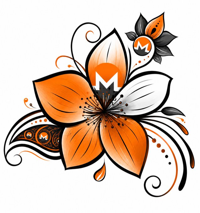 A stylized floral illustration in orange, white, and black features the Monero "M" logo at its center, with smaller "M" emblems incorporated into the surrounding petals and swirls. The design creatively merges the cryptocurrency's branding with decorative botanical elements, visually representing the Monero (XMR) tags.