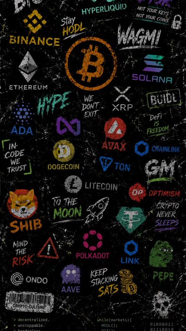 A collage of cryptocurrency and blockchain logos including Binance, Ethereum, Bitcoin, Solana, ADA, XRP, Dogecoin, Shiba Inu, Pepe, and Polkadot, interspersed with phrases like 'HODL', 'WAGMI', 'HYPE', and 'TO THE MOON'.