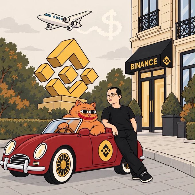 A man leans against a red convertible featuring the Binance logo, with the orange "FATKAT" mascot behind the wheel and a Binance-branded building in the background. The cartoon-style scene depicts luxury crypto branding, tying into the post's promotion of the $FATKAT token launch on BNB with upcoming gold, stocks, and cat merchandise.