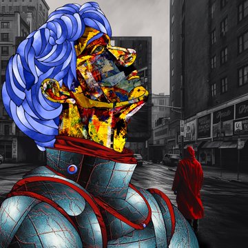 The image features an abstract, hand-drawn portrait of a woman wearing a helmet that has been superimposed on top of another portrait with a cape. The artist behind this unique piece is @PeterArt18, known for their captivating artworks. The image includes a car and a building in the background, adding context to the setting. The post related to the image reads: "Happy Friday with our collaboration with amazing digital artist @PeterArt18 Available for bidding with 0.5E reserve price manifold. gallery/eth:0xd29b9c55". The caption helps provide additional information about the art piece and its creator, focusing on the unique style of the portraits and the artist's background.