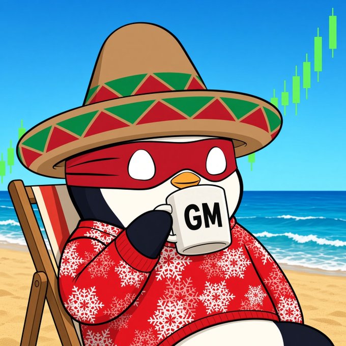 A cartoon penguin wearing a sombrero, red ski mask, and a festive red sweater, drinking from a white mug labeled 'GM' while sitting on a beach chair with green stock chart candles in the background.