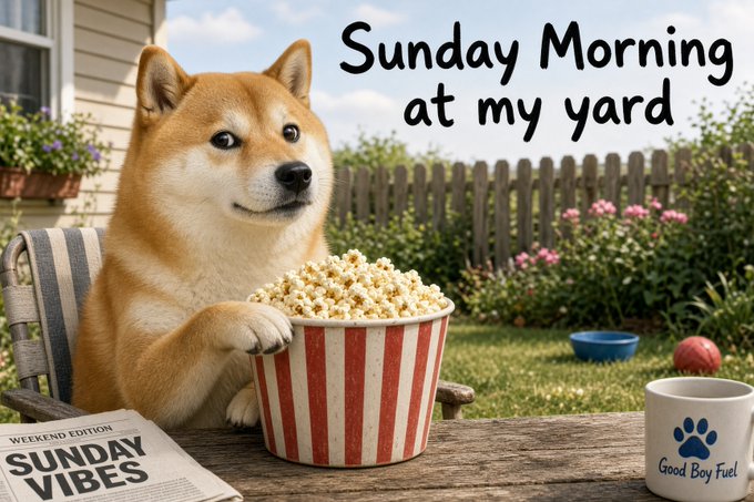 A Shiba Inu enjoys a relaxed Sunday morning in a sunny yard, sitting beside a striped popcorn bucket, a "Sunday Vibes" weekend edition newspaper, and a "Good Boy Fuel" coffee mug. The cozy, playful scene matches the lighthearted spirit of wishing $DOGE frens a happy Sunday with the caption "Sunday Morning at my yard."