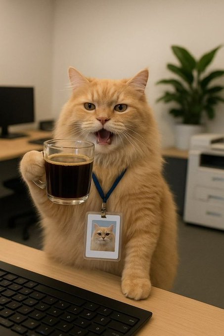 A fluffy orange cat wearing an ID lanyard, sitting at an office desk holding a glass mug of black coffee and meowing next to a keyboard.