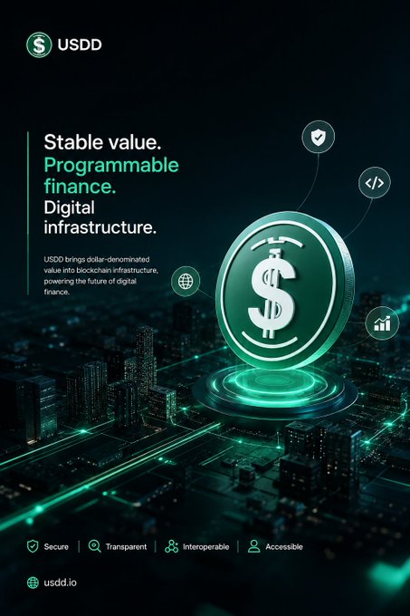 A promotional graphic for USDD cryptocurrency, featuring a green coin with a dollar sign and text reading 'Stable value. Programmable finance. Digital infrastructure.' and 'usdd.io'.