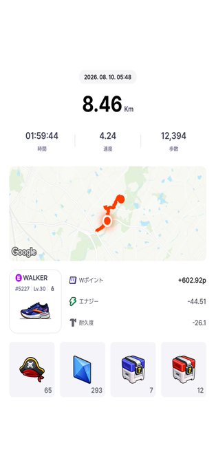 A fitness tracking app screenshot showing a run on 2026.08.10 at 05:48, covering 8.46 km in 01:59:44 at an average pace of 4.24, with 12,394 steps and a route map highlighted in orange.