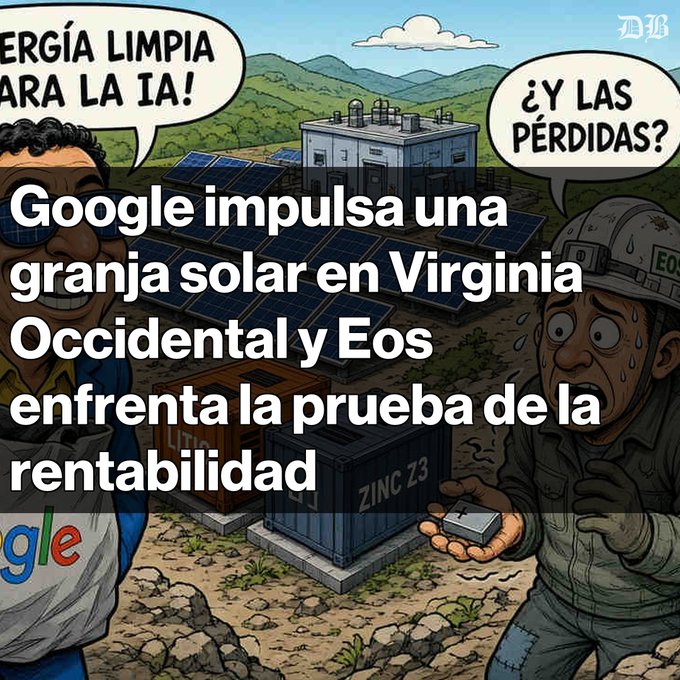 A Spanish-language editorial cartoon illustration about Google's solar farm investment in West Virginia, with text reading 'Google impulsa una granja solar en Virginia Occidental y Eos enfrenta la prueba de la rentabilidad'.