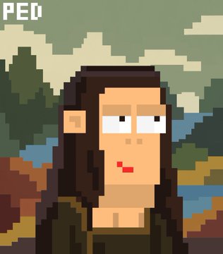 A pixel art portrait of a hooded figure with long brown hair against a landscape background, with 'PED' visible in the top corner.