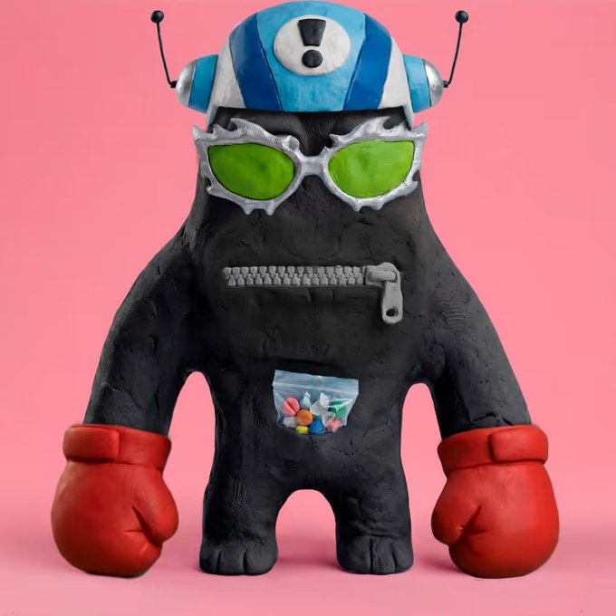 A 3D rendered black monster character with an antennaed helmet, green sunglasses, a zipper across its mouth, red boxing gloves, and a transparent pouch of colorful pills on its belly, set against a pink background.