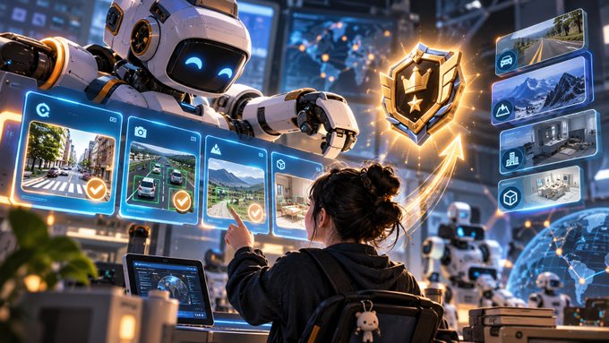 A digital illustration of a woman in a wheelchair pointing at floating screens displaying various scenes, alongside a friendly white and yellow robot and a glowing gold badge featuring a crown and star.