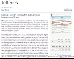 The image displays a financial news article from Jefferies about SanDisk (SNDK), highlighting a "Strong Traction with NBMs but Earnings Momentum Slows" in the NAND/memory space, with analyst commentary noting $SNDK's elevated multiple is reasonable given NBM momentum but profitability estimates remain too low, supporting the post's message about analyst skepticism toward forward earnings projections.