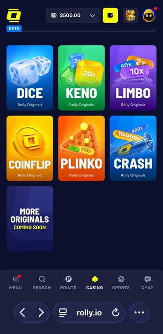 A mobile screen capture of a casino website featuring games like Dice, Keno, Limbo, Coinflip, Plinko, and Crash, with a balance showing '$500.00'.