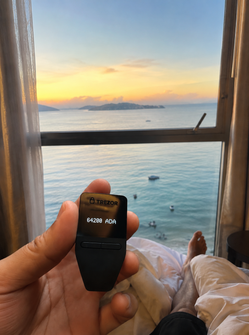 The image features a person holding up an electronic device with the text "ADA'S current price is much better than the price I bought at by a lot. I don't understand why I went and scooped it up at $1 back then, now looking back I feel so regretful Bros". The device appears to be a cell phone or smartwatch, possibly an electronic token with tracking capabilities like Trezor. 

The person is positioned next to a window overlooking the ocean, suggesting that they may have found an attractive deal on such an item while enjoying their view of the sea and boats. They seem to have recently acquired this device as a new payment solution or possibly for monitoring various health-related data points through fitness tracking applications, such as Trezor.