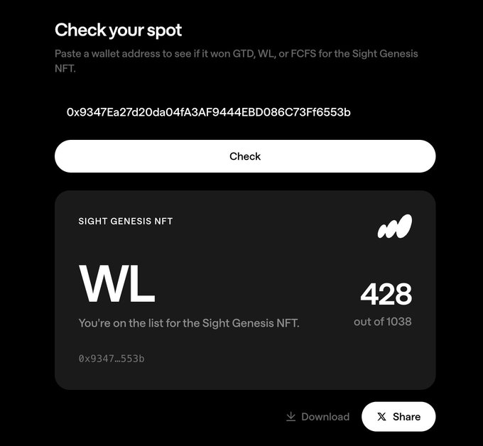 A screenshot from a 'Check your spot' page showing a wallet address (0x9347Ea27d20da04fA3AF9444EBD086C73Ff6553b) that has won the WL (Whitelist) spot #428 out of 1038 for the Sight Genesis NFT.