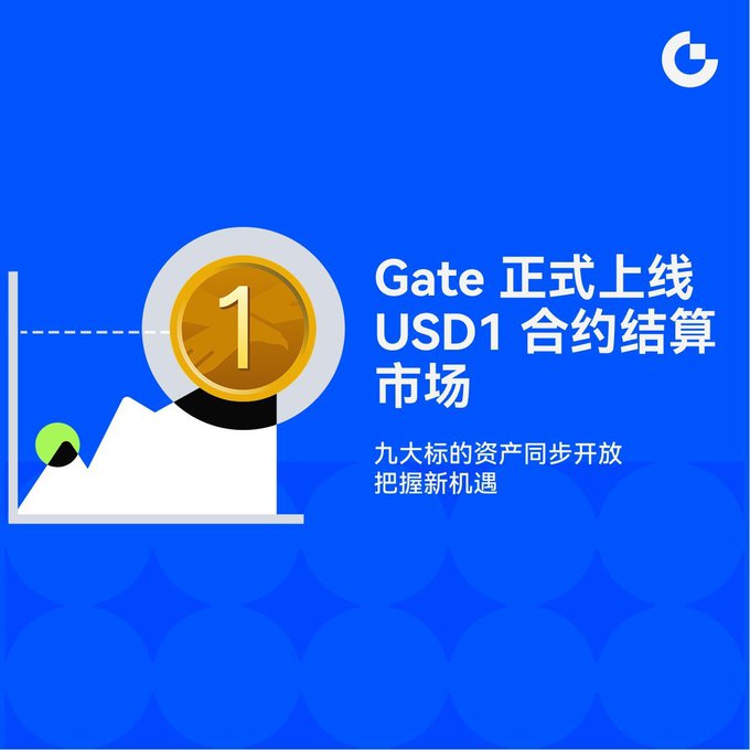 A blue promotional graphic announces 'Gate 正式上线 USD1 合约结算市场' (Gate officially launches USD1 contract settlement market) with a gold coin marked '1' and a mountain chart icon.