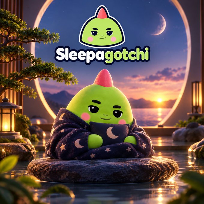A digital illustration for 'Sleepagotchi' featuring a cute green cartoon character with a pink mohawk wrapped in a starry blanket, set against a sunset backdrop with a crescent moon.