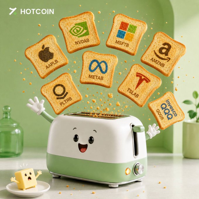 A 3D advertisement for HOTCOIN featuring toast slices with stock ticker logos (AAPL, NVDAB, MSFTB, AMZNB, METAB, TSLAB, PLTRB, QQQB) popping out of a smiling toaster.