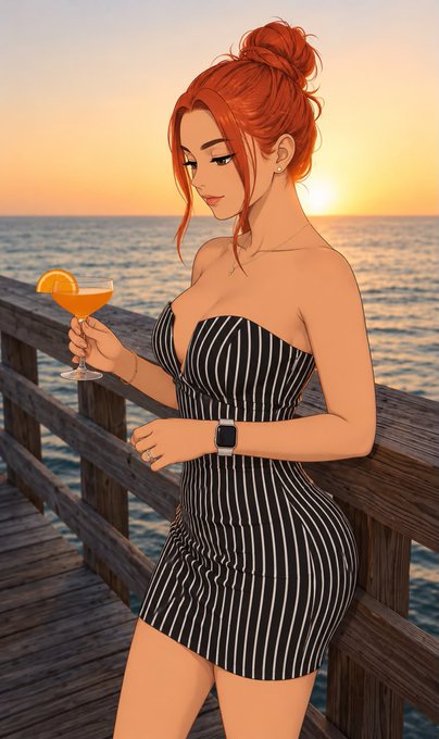 An animated-style illustration shows a red-haired woman in a striped strapless dress holding an orange cocktail, standing on a pier at sunset.