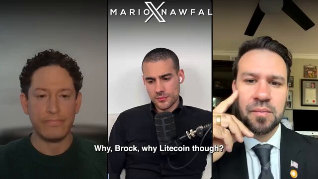 The image shows three men sitting down, with one man wearing a tie and another man wearing a black shirt. The background of the image features a white wall with the words "MARIO XNAWFAL" written above them. The text in the image suggests that they are discussing the topic of cryptocurrency, specifically Ethereum and Bitcoin. The post also mentions that Litecoin had almost nothing built on top of it, but now has thousands of layer twos and millions of dollars invested in it.