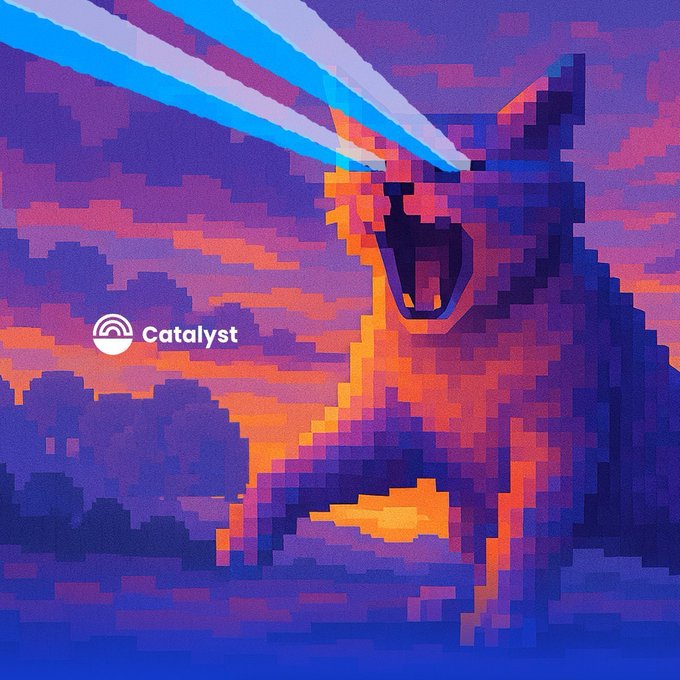 A pixelated cheetah with glowing blue laser beams for eyes appears alongside the "Catalyst" logo. The image visually echoes the post's message about Project Catalyst's $2.5M ADA fund round for Cardano development—symbolizing speed, precision, and forward momentum as the initiative opens its first pilot round for funding innovative blockchain projects.