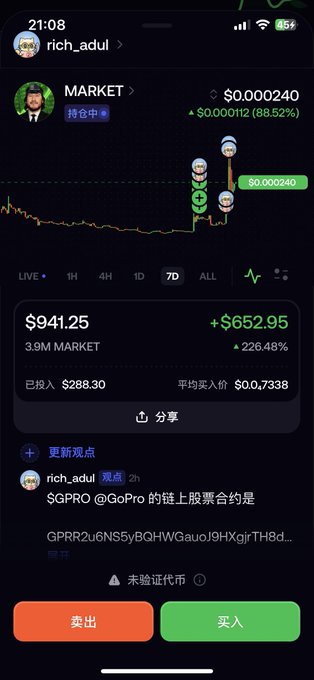 A smartphone screenshot shows a crypto portfolio displaying the token "$MARKET" at a price of $0.000240 with a 68.52% gain, alongside a user's investment of $288.30 yielding $652.95 profit (226.48%) and a recent post about receiving $GPRO stock dividend airdrops from holding $MARKET.