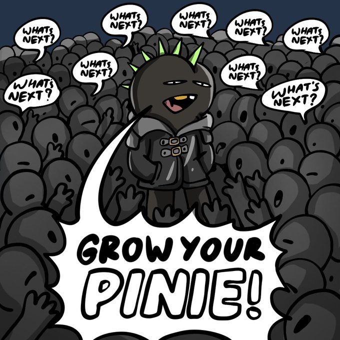 A cartoon illustration of a black character with green spikes standing in a speech bubble over a dark crowd all asking 'What's Next?', with text 'GROW YOUR PIN!' at the bottom.