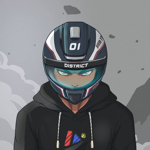 A digital illustration of a character wearing a black and white 'DISTRICT 01' motorcycle/jet helmet with a black hoodie, set against a gray background with debris.