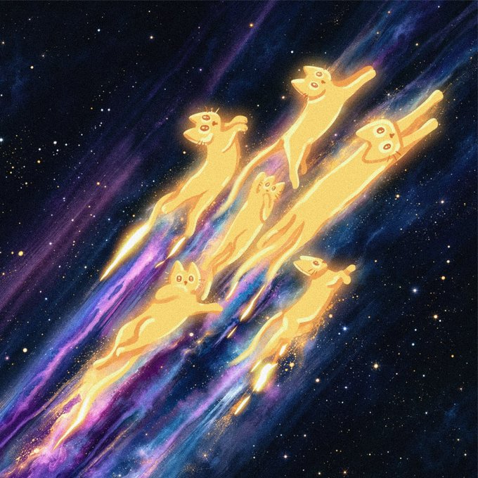 An illustration depicts four glowing golden cat-like creatures soaring through a colorful cosmic space with a starry purple and blue background.
