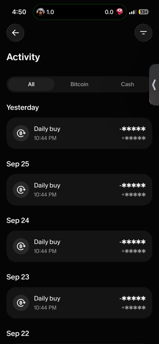A smartphone screenshot of an Activity page showing a transaction history with daily buy entries timestamped at 10:44 PM across several dates, all with masked card numbers.