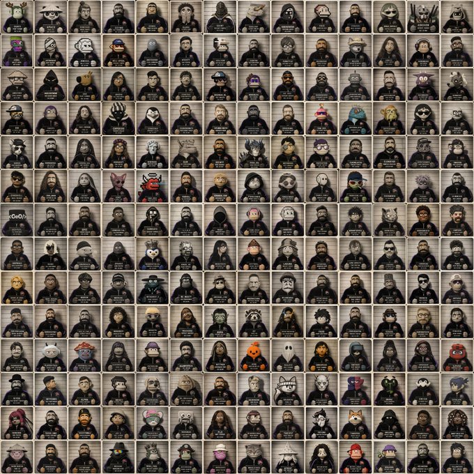 The image shows an array of faces within square frames, arranged side by side with their corresponding names displayed below each frame. The text indicates that a collection of convicts is being portrayed through muppets or cartoon characters, as seen in the "muppify.us convicts army". This unique artistic representation of convicts and their stories has gained considerable attention on social media platforms like Twitter, boasting over 1k+ views and approximately 35% of its original content. The post also includes a quote from someone named Mike, who refers to it as an "in house muppification" project within the Convicts army. The image is accompanied by a caption that reads: "Focus on what is in the image and how it relates to the post".