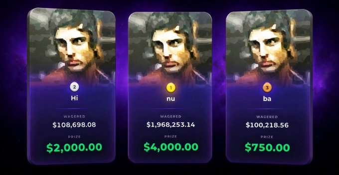 Three gambling/betting cards labeled 'Hi,' 'nu,' and 'ba' with wagered amounts of $108,698.08, $1,968,253.14, and $100,218.56, and prizes of $2,000.00, $4,000.00, and $750.00 respectively.