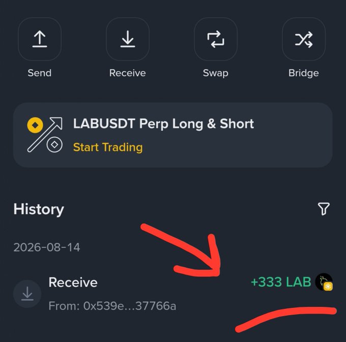 A dark-themed cryptocurrency app interface showing "LABUSDT Perp Long & Short", with a red arrow drawn pointing to a history entry showing "+333 LAB" received from an address on 2026-08-14.