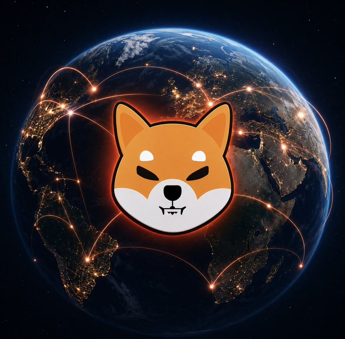 A Shiba Inu dog emblem, the iconic mascot of the $SHIB cryptocurrency, is centered over a glowing Earth at night with city lights and orange connection lines arcing across the globe, symbolizing a worldwide network. The image visually represents the post's call to rally a global $SHIB community and crown the country with the strongest Shiba Inu army.