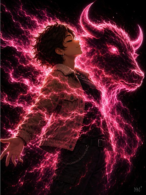 A young woman with short curly hair stands serenely with her eyes closed, draped in a pink denim jacket, as a fiery, glowing magenta bull spirit materializes behind her against a dark background, symbolizing the "Black Bull" community referenced in the post. The signature "BM" appears in the bottom right corner, connecting the artwork to the cultural and artistic vision described.