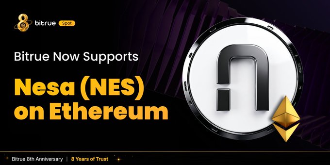 A Bitrue promotional graphic announcing support for Nesa (NES) on the Ethereum network, featuring the Bitrue Spot logo, a stylized "N" coin design with the Ethereum diamond symbol, and text highlighting "8 Years of Trust" for their 8th anniversary.