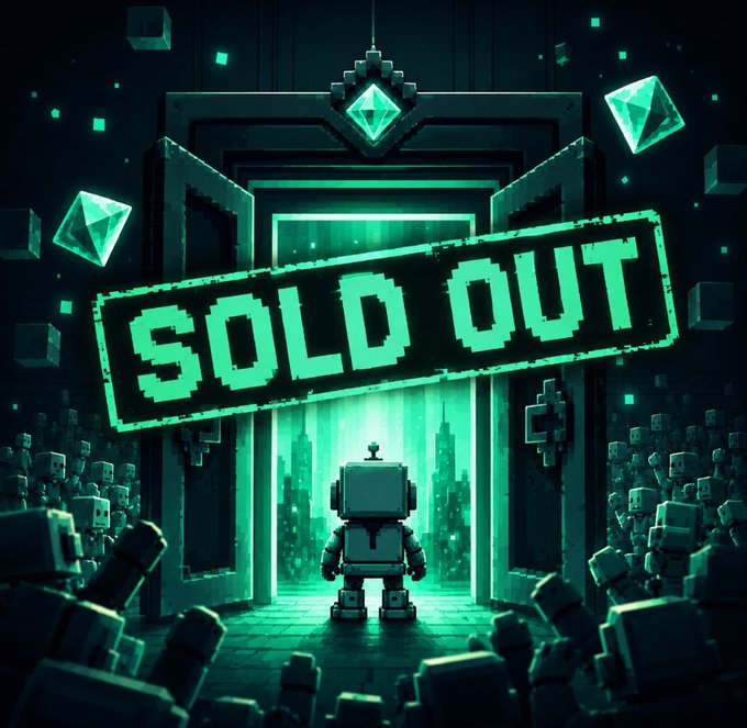 A pixelated robot stands before a glowing emerald doorway displaying a bold "SOLD OUT" stamp, with crowds of small robots gathered around—visually reinforcing the collection's complete sell-out status teased in the post about launching the next chapter.