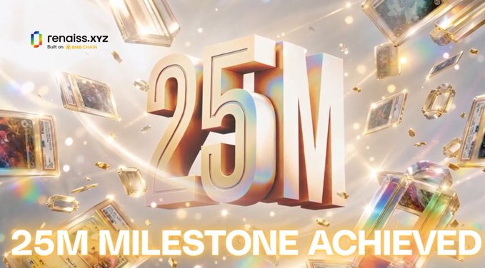 A promotional graphic from rendiss.xyz built on glassnode celebrates a "25M MILESTONE ACHIEVED" with large golden 3D lettering and floating card-like objects.