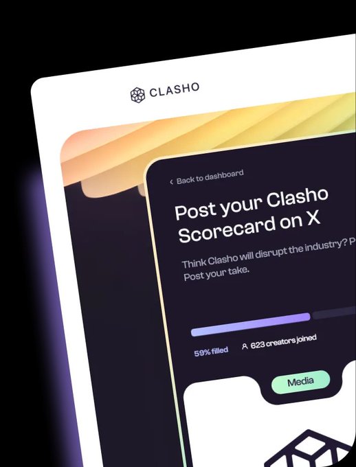 The image shows a Clasho platform interface featuring a "Post your Clasho Scorecard on X" prompt, with a 59% filled progress bar and a note that 823 creators have joined. This visual ties to the accompanying post by illustrating Clasho's creator scoring system, which the author praises as the first Web3 platform to evaluate users based on clear task-based criteria rather than vanity metrics.