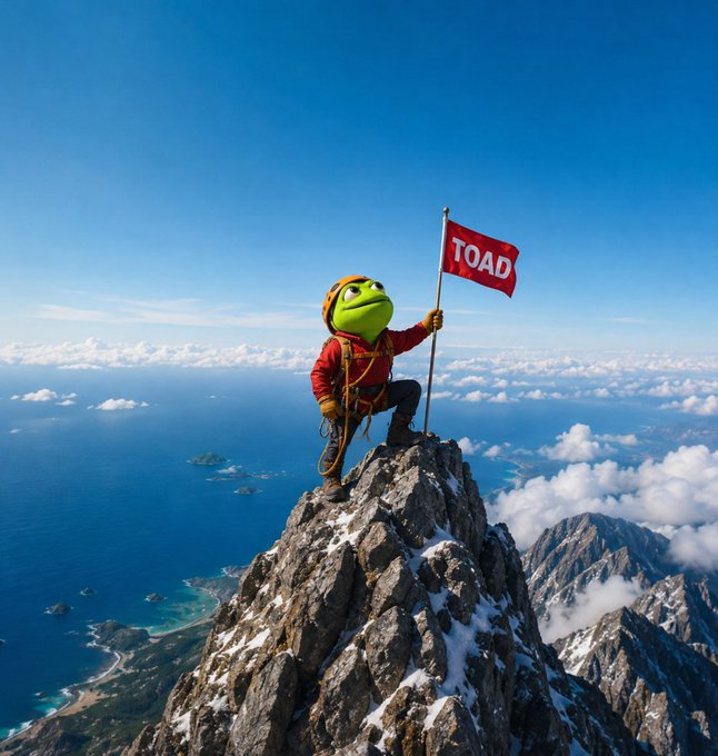 A cartoon frog character in climbing gear stands atop a snowy mountain peak holding a red flag that reads 'TOAD'.