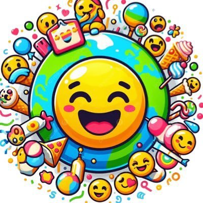 A cheerful yellow emoji face with a wide grin sits at the center of a colorful globe-like design, surrounded by a festive array of smaller smiley faces, ice cream cones, lollipops, balloons, and confetti, all rendered in vibrant cartoon style to capture the fun, community-driven spirit of the Solana-based "Emoji Day" project.