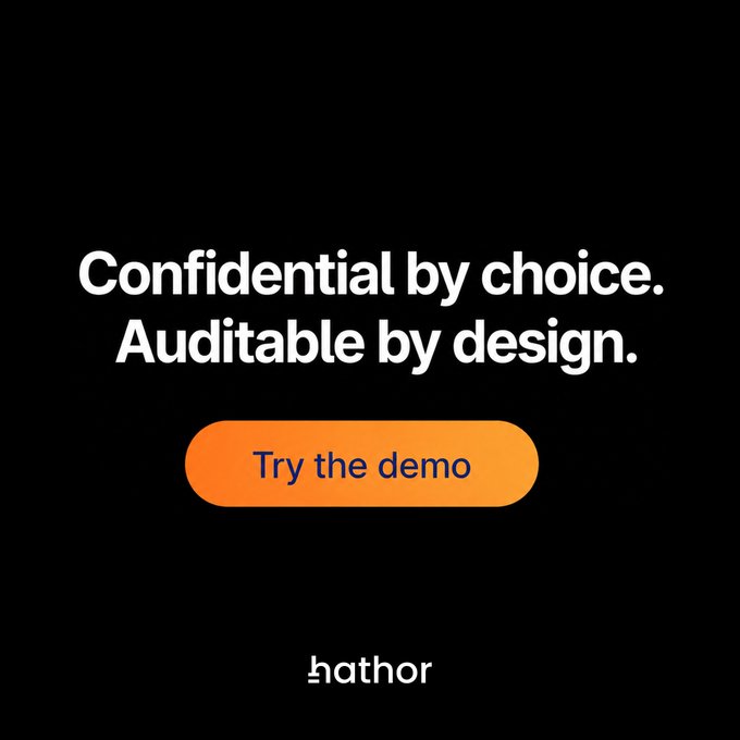 A black advertisement screen with white text reading 'Confidential by choice. Auditable by design.' above an orange 'Try the demo' button, branded with 'hathor' at the bottom.