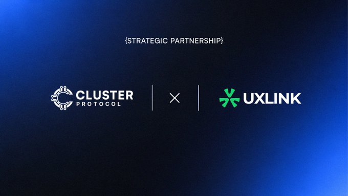 xtal logo and green star logo for Cluster Protocol and Uxlink are displayed against a dark blue gradient background.