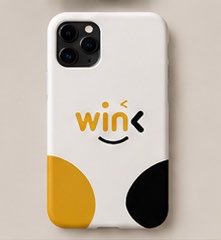 A white iPhone case with three camera lenses featuring a minimalist 'wink' face design in yellow and black at the bottom.