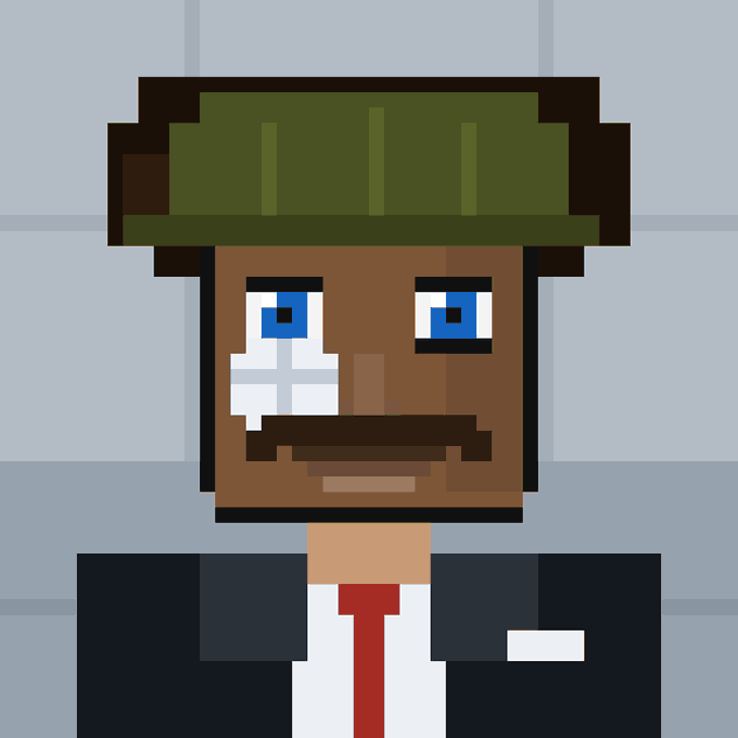 A pixel art illustration of a Black man with a mustache, goatee, and a bandage over his left eye, wearing a green military-style cap, a suit, white shirt, and red tie.