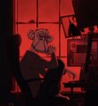 The image features a cartoon character sitting in an office chair, with another person's reflection visible through a window behind them. The cartoon character appears to be contemplating something or having a conversation with someone outside of the frame. The caption for this image reads "They can't do what we do Cause we are real Join us $APE 2WKip2U5x93mjaAvoq8zaedweP73GgRtbaQhNcwXpump".