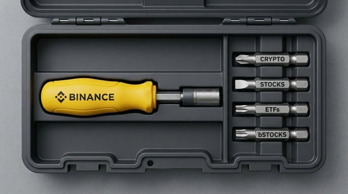 The image features a toolbox with a yellow and black binance screwdriver, which has six screws attached to its handle. The toolbox also contains other tools such as a coin-operated drill bit set for various tasks. The text on the image reads "Crypto | Stocks | ETFs" and "bStocks Everything you need." This suggests that the toolbox is designed to cater to different needs, including those related to cryptocurrency trading or stock market analysis.

The screwdriver in the toolbox has six screws attached to its handle, which indicates that it can be used for various purposes such as assembling furniture, repairing electronic devices, or even working on projects involving screws and other hardware components. The presence of these tools in a single box demonstrates the versatility and convenience of having all necessary equipment in one place.
