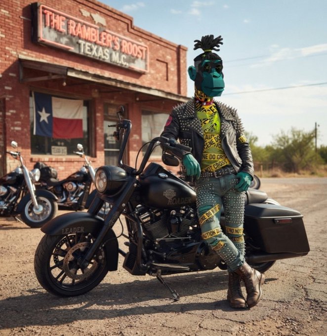 A green-skinned anthropomorphic character with a spiked mohawk, sunglasses, and a studded leather jacket sits on a black motorcycle in front of a building labeled 'THE RAMBLER'S ROOST TEXAS M.C.' with a Texas flag visible.