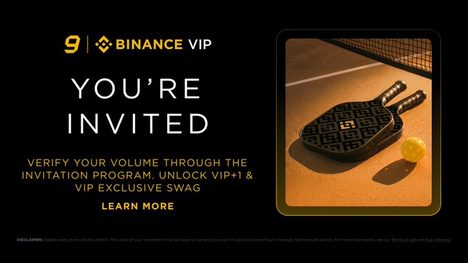A promotional banner for "Binance VIP" celebrating its 9th anniversary, featuring an image of a patterned pickleball paddle and ball on a court, with text reading "YOU'RE INVITED" and inviting eligible traders to verify their external trading volume through the Invitation Program to unlock a VIP+1 trial and exclusive VIP Pickleball Set.