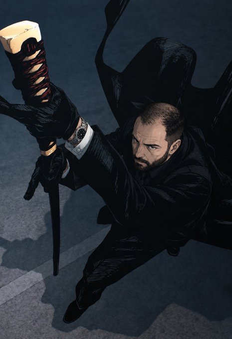 An illustrated man in a black suit holds a cane and a firearm, his arm raised, wearing black gloves and a watch in a dynamic pose.