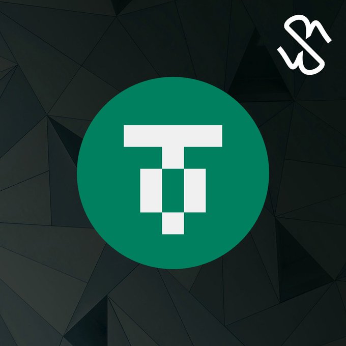 The Tether (USDT) logo, a green circle with a white 'T' symbol, displayed on a dark geometric background with a stylized 'w' icon in the top right.