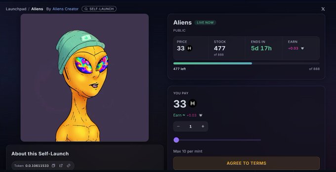 A Launchpad 'Self-Launch' screen for the 'Aliens' NFT collection by Aliens Creator, showing 477 items left of 888, a price of 33 H, ending in 5d 17h, and the artwork of an alien character.